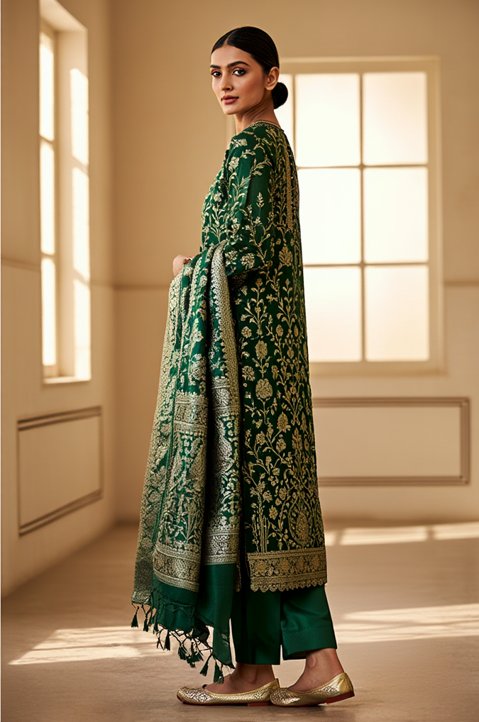 Pakistani Banarsi Unstitched 3 Piece Suit | Premium Silk Formal Wear