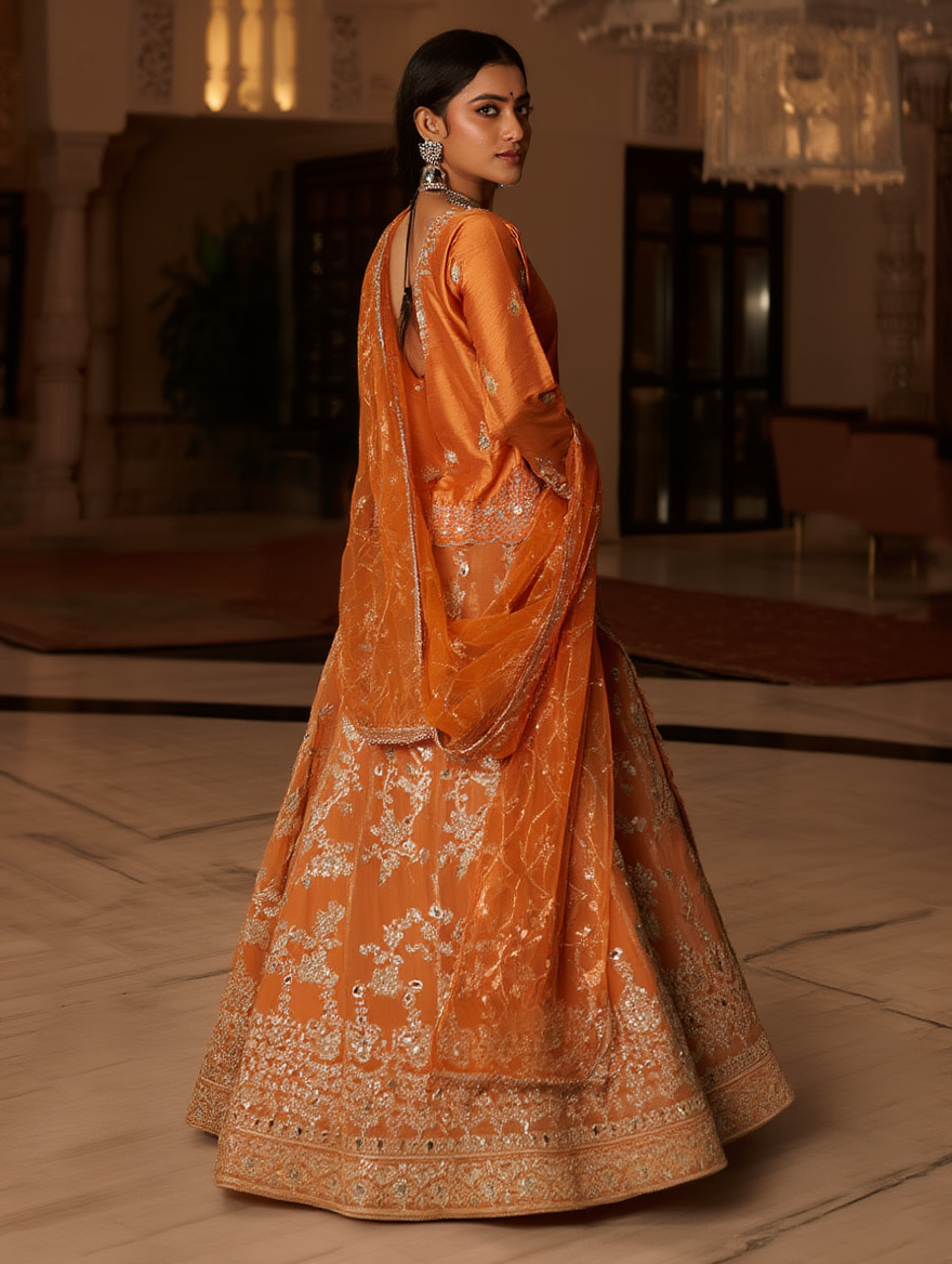 Ready to Wear Orange Pure Organza 3-Piece Lehenga Set | Handmade Stone Work & Embroidery | Wedding & Festive Attire
