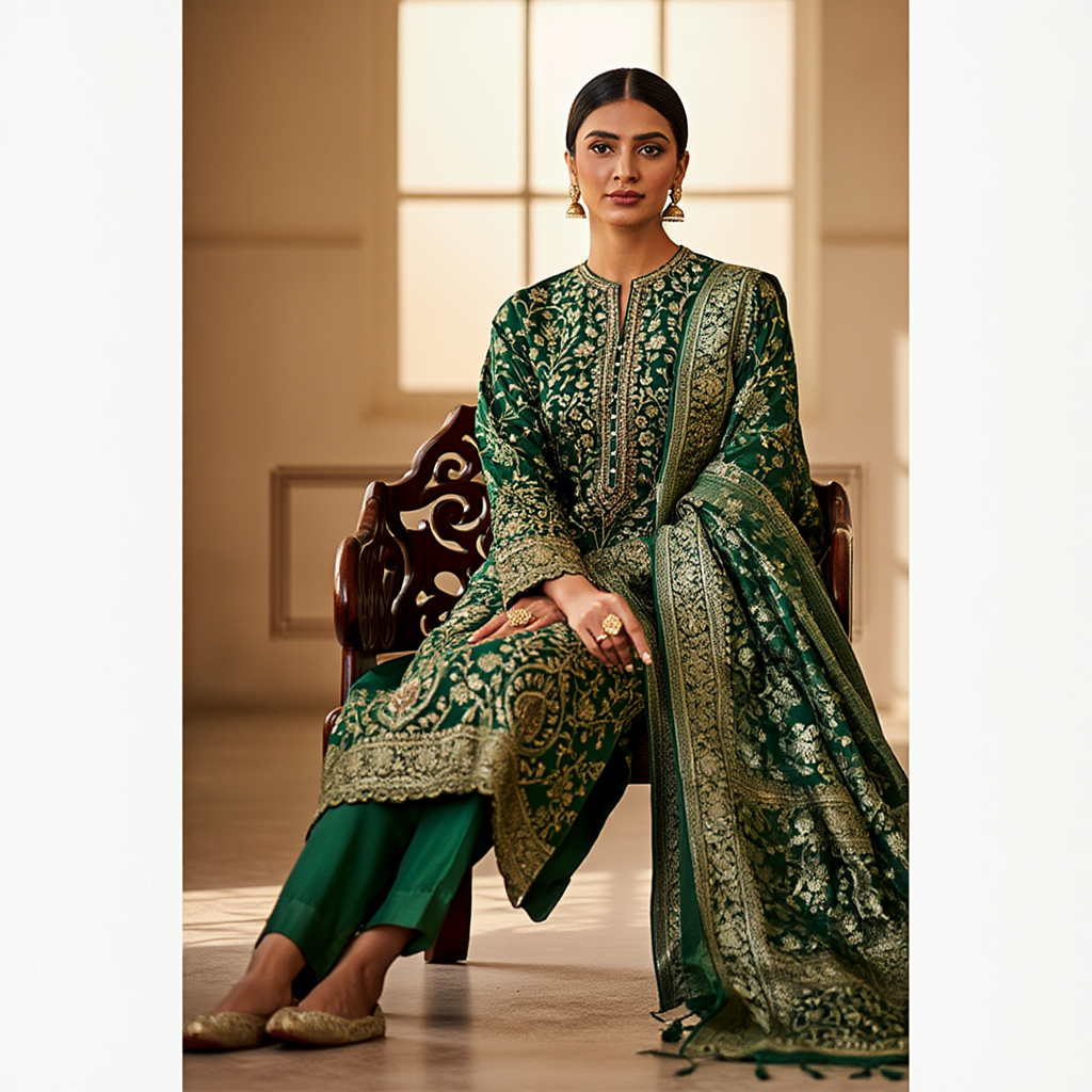 Pakistani Banarsi Unstitched 3 Piece Suit | Premium Silk Formal Wear