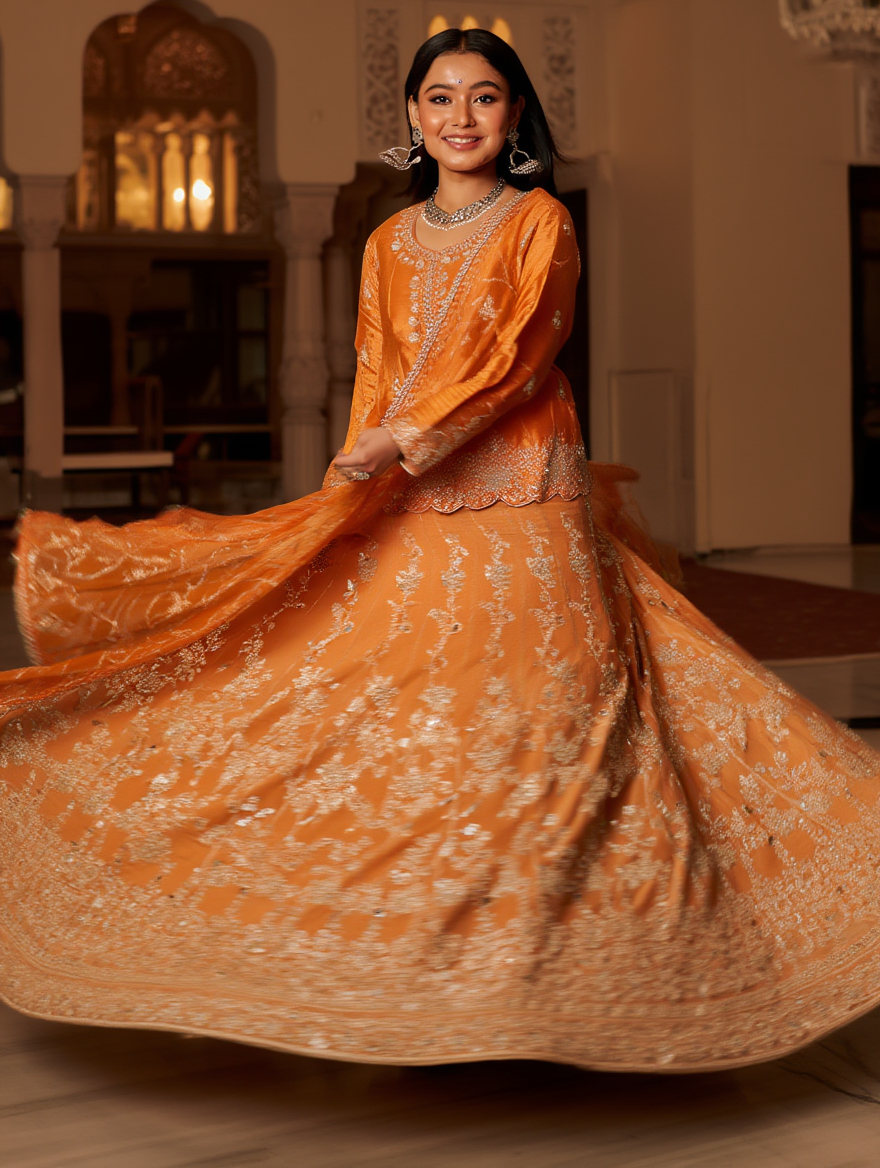 Ready to Wear Orange Pure Organza 3-Piece Lehenga Set | Handmade Stone Work & Embroidery | Wedding & Festive Attire