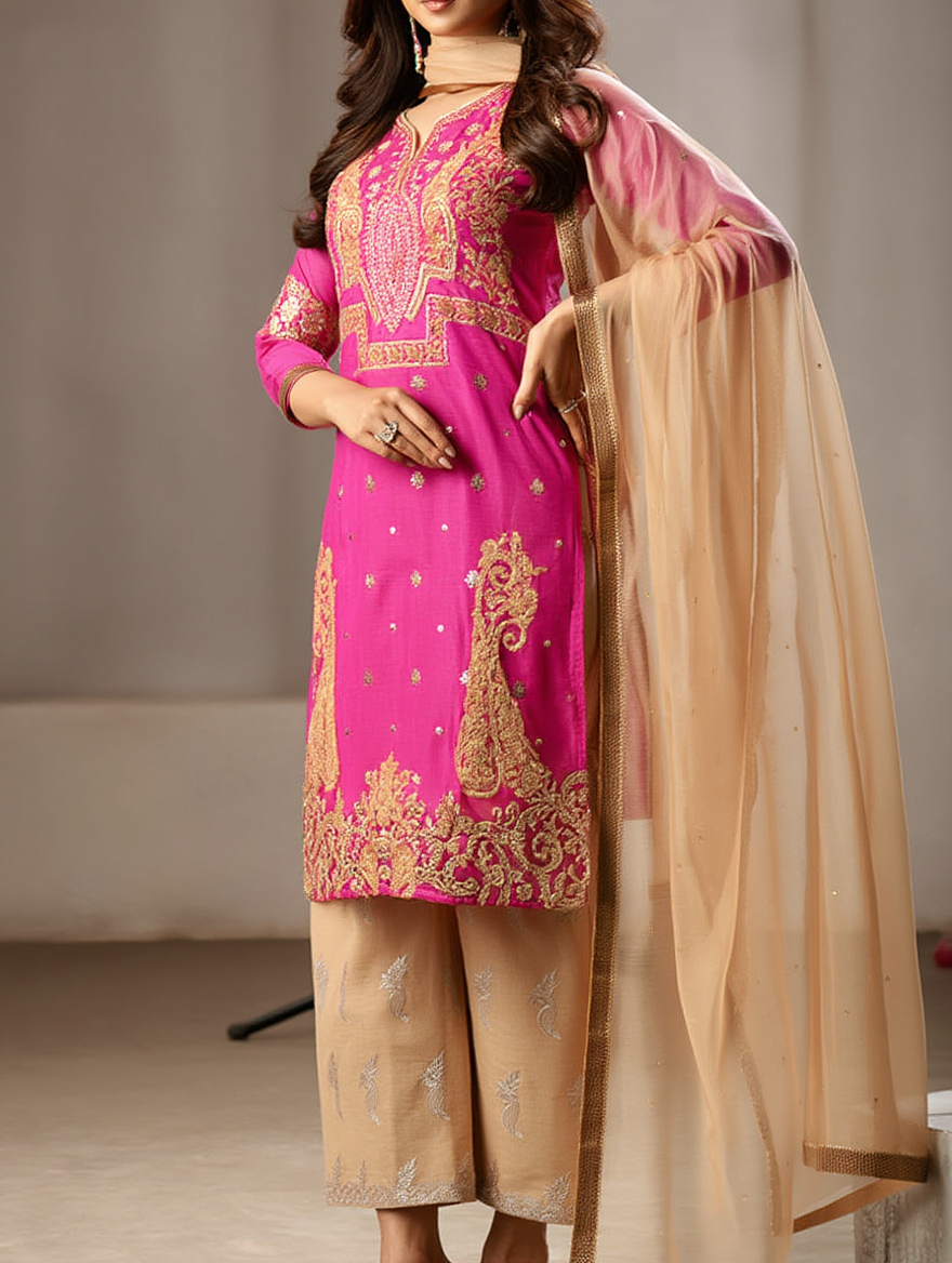 Fuchsia Pink & Gold Zari Embroidered Suit Set with Dupatta & Trousers Lawn collection