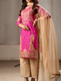 Fuchsia Pink & Gold Zari Embroidered Suit Set with Dupatta & Trousers Lawn collection