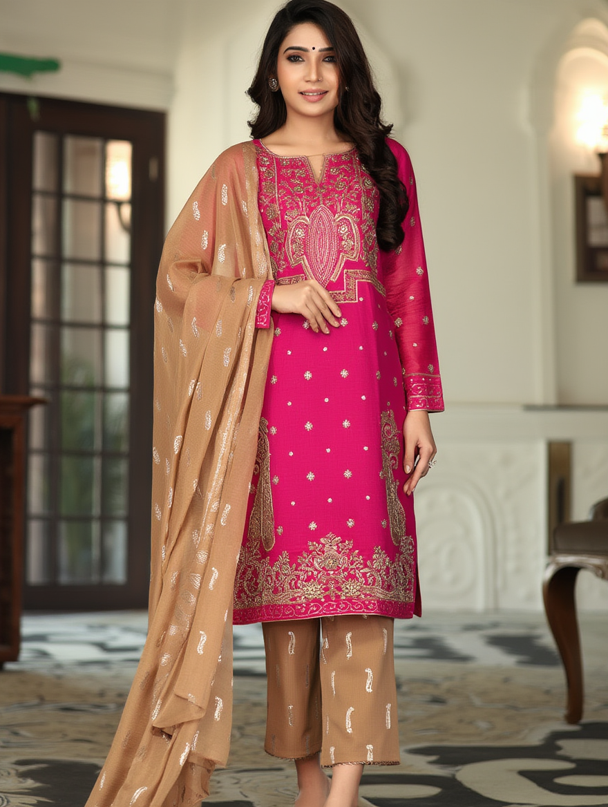 Fuchsia Pink & Gold Zari Embroidered Suit Set with Dupatta & Trousers Lawn collection