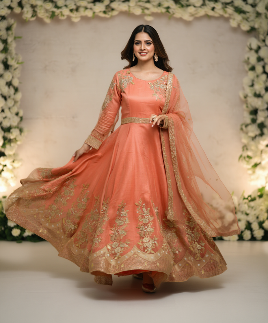 Buy embroidered organza maxi hand made work dress wide flare same dupatta affordable price