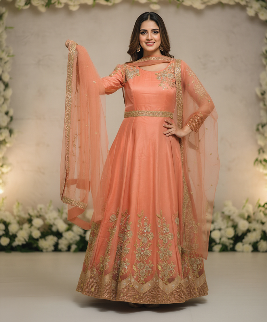 Buy embroidered organza maxi hand made work dress wide flare same dupatta affordable price