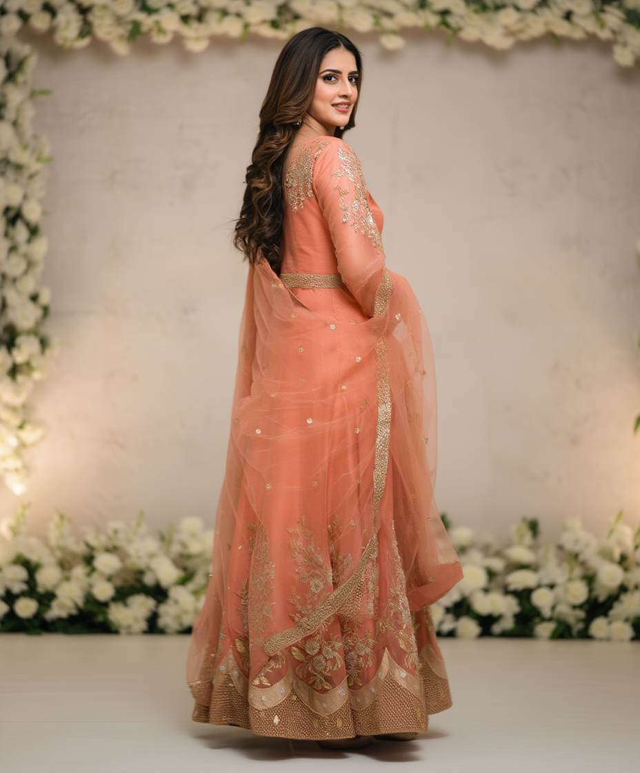 Buy embroidered organza maxi hand made work dress wide flare same dupatta affordable price