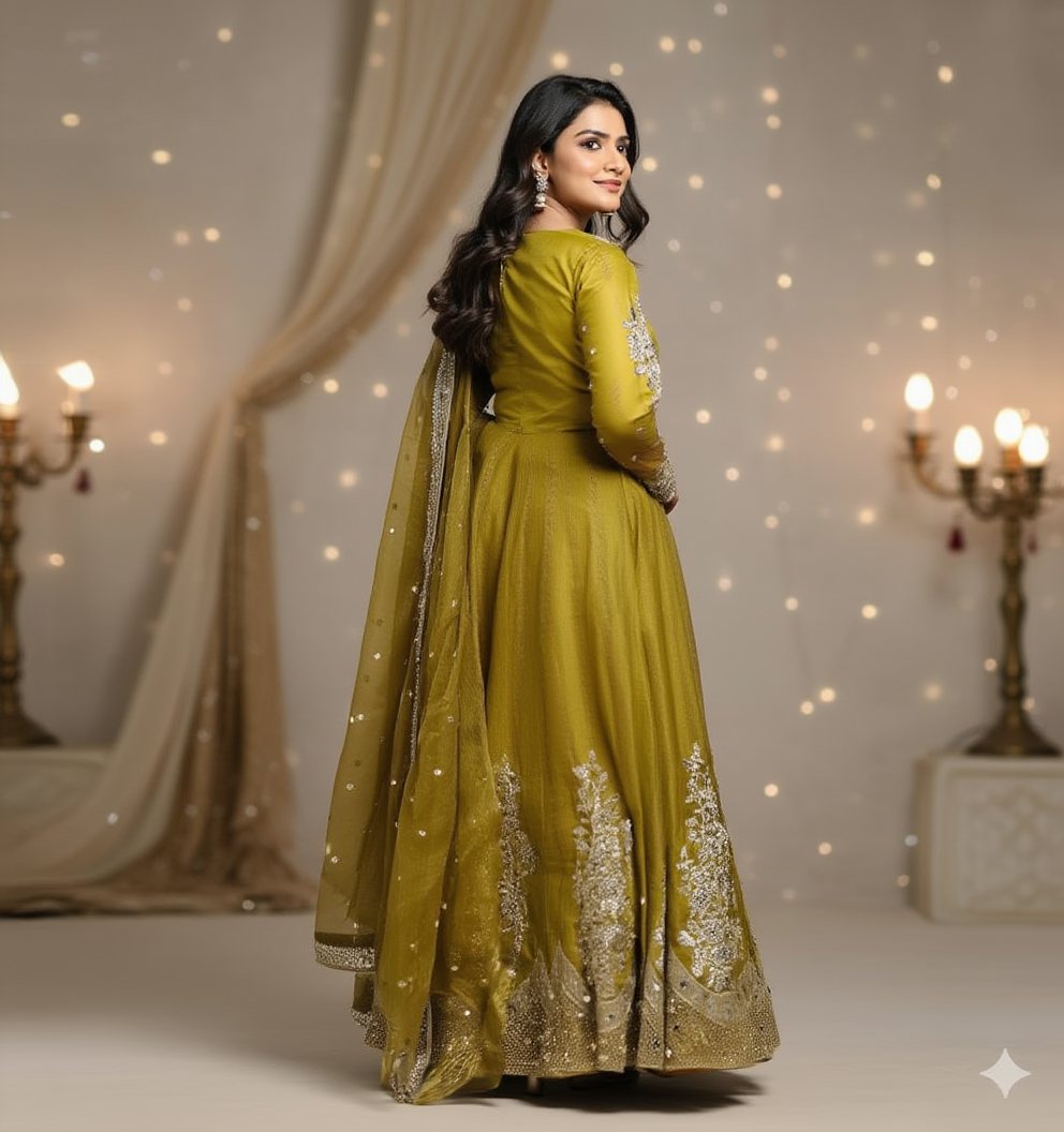 Embroidered Organza Maxi Stone Work Dress With Matching Dupatta – Luxury Party Wear -