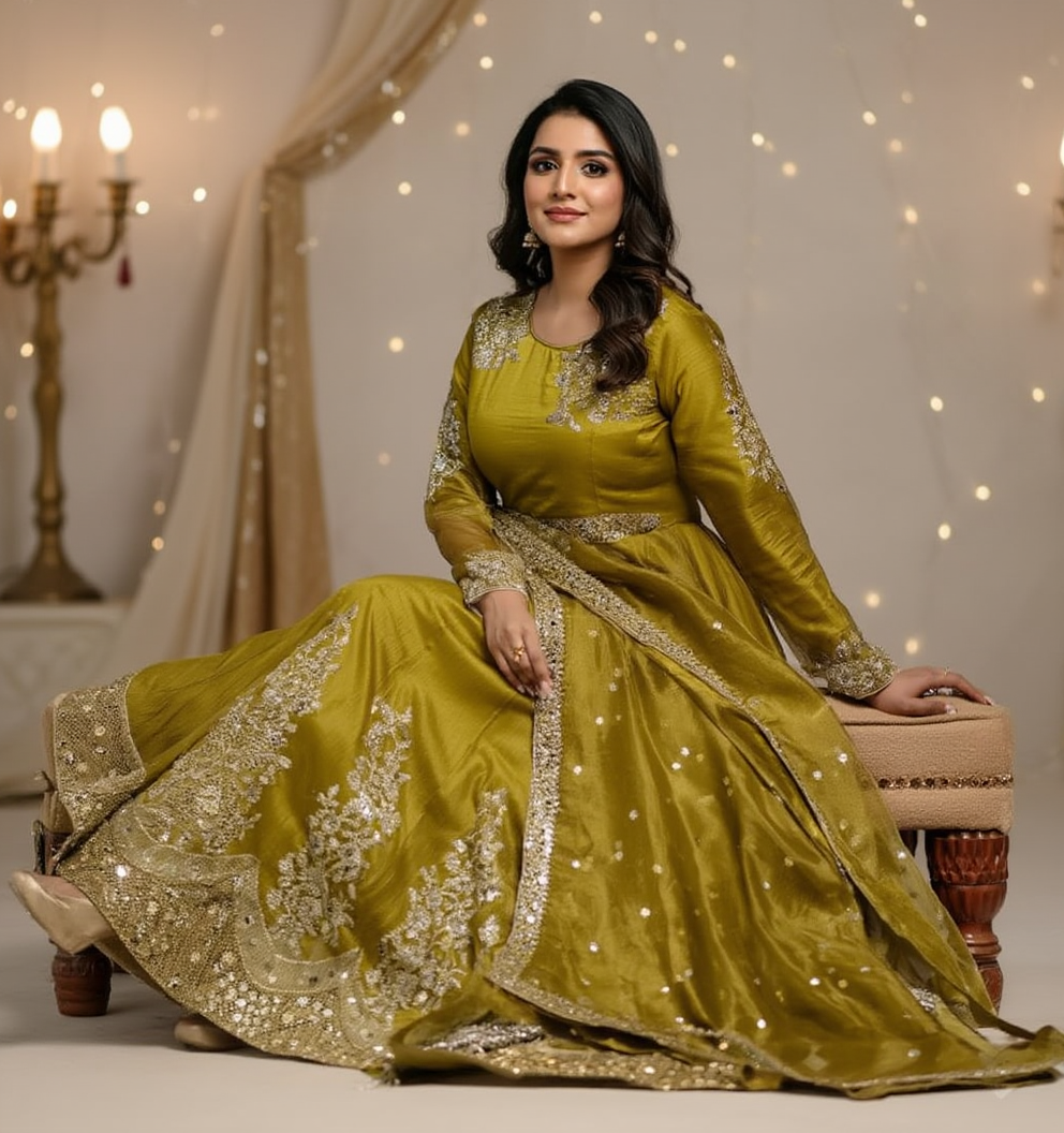 Embroidered Organza Maxi Stone Work Dress With Matching Dupatta – Luxury Party Wear -