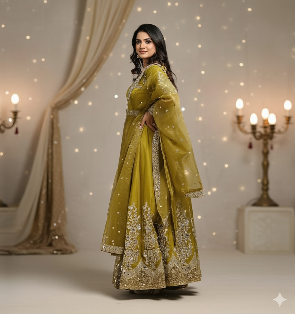 Embroidered Organza Maxi Stone Work Dress With Matching Dupatta – Luxury Party Wear -