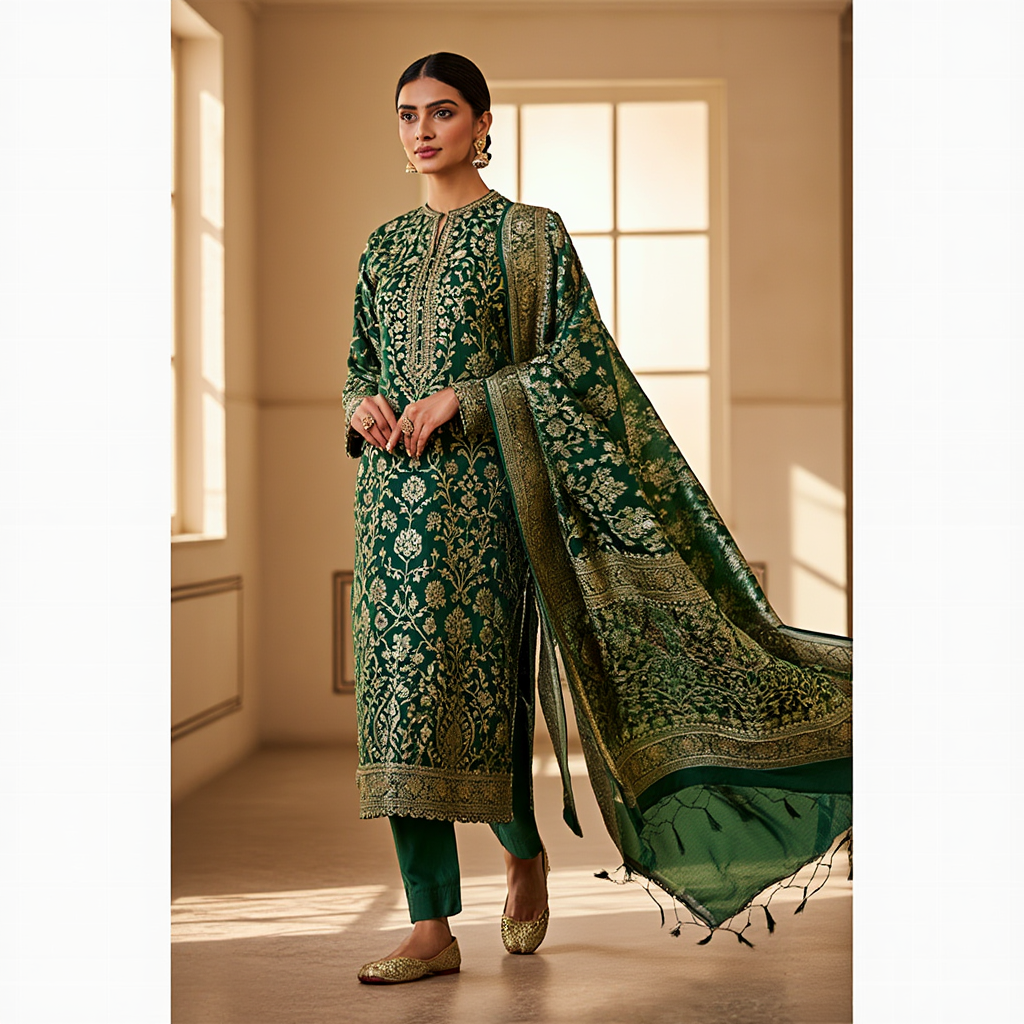 Pakistani Banarsi Unstitched 3 Piece Suit | Premium Silk Formal Wear