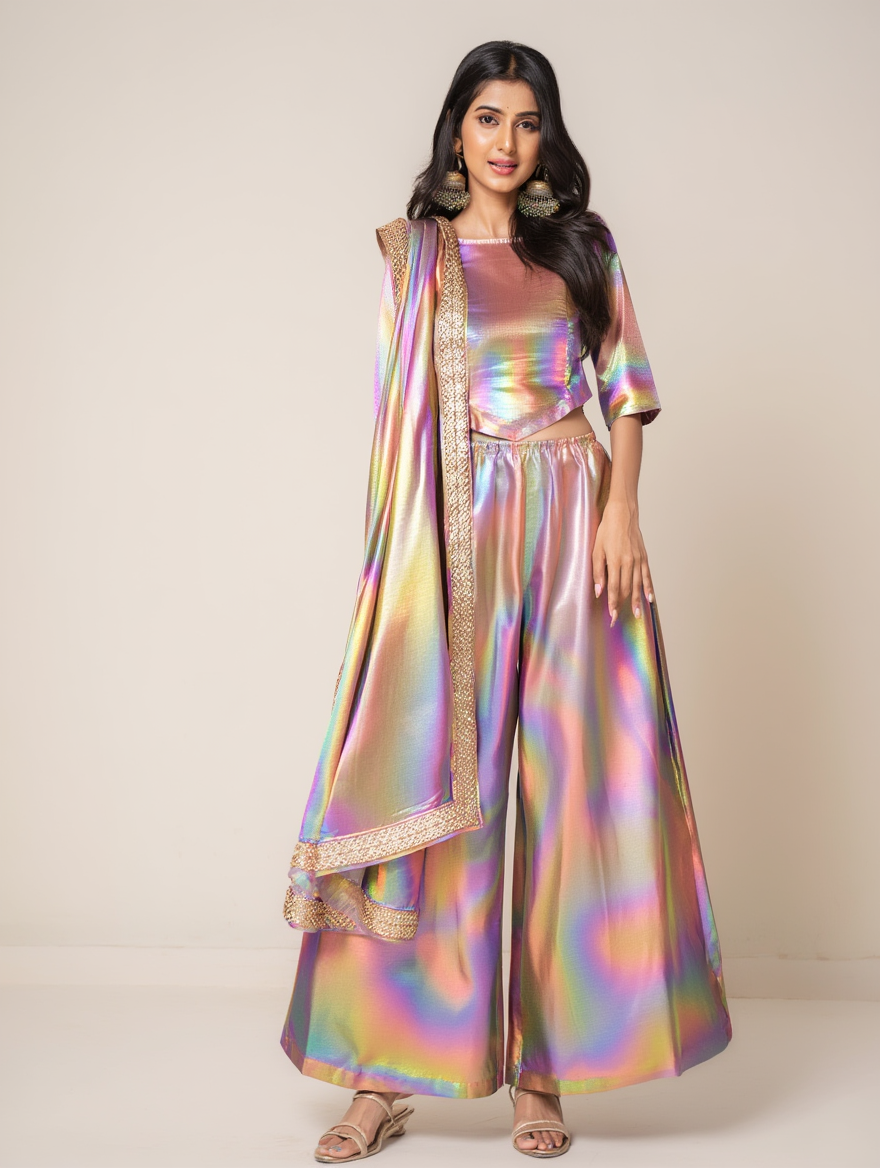 Moonlight Two-Tone Palazzo Night Dress 3 Piece – Long Kurti with Wide-Leg Palazzo & Matching Dupatta