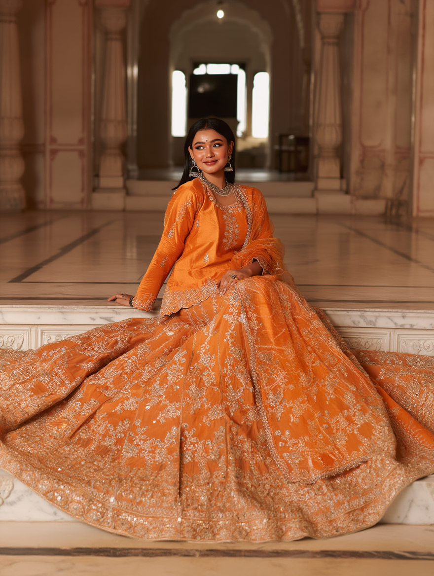 Ready to Wear Orange Pure Organza 3-Piece Lehenga Set | Handmade Stone Work & Embroidery | Wedding & Festive Attire