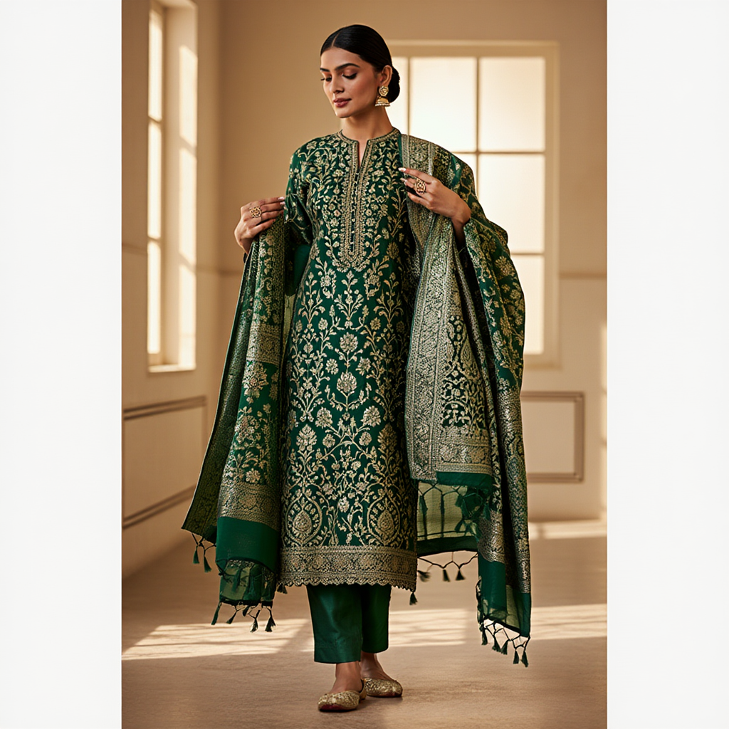Pakistani Banarsi Unstitched 3 Piece Suit | Premium Silk Formal Wear