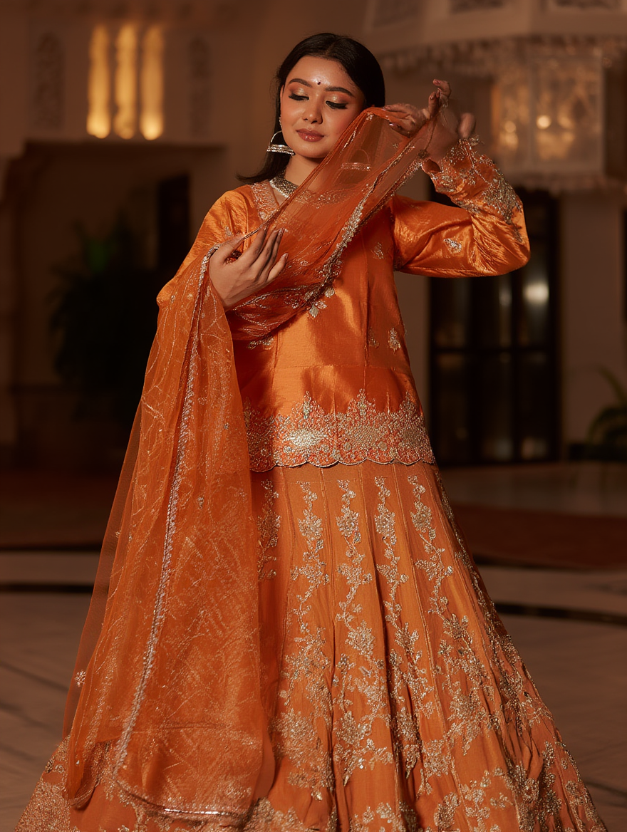 Ready to Wear Orange Pure Organza 3-Piece Lehenga Set | Handmade Stone Work & Embroidery | Wedding & Festive Attire