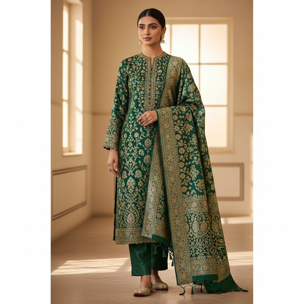 Pakistani Banarsi Unstitched 3 Piece Suit | Premium Silk Formal Wear