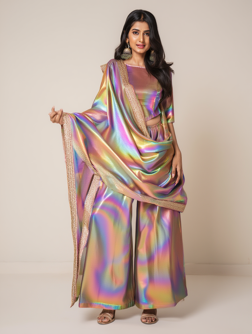 Moonlight Two-Tone Palazzo Night Dress 3 Piece – Long Kurti with Wide-Leg Palazzo & Matching Dupatta