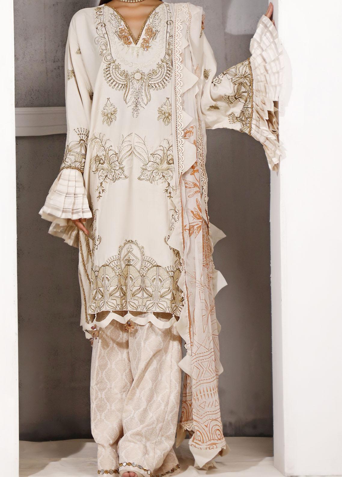 Embroidered Off-White Pakistani 3-Piece Suit with Ruffle Sleeves Ethnic Winter collection
