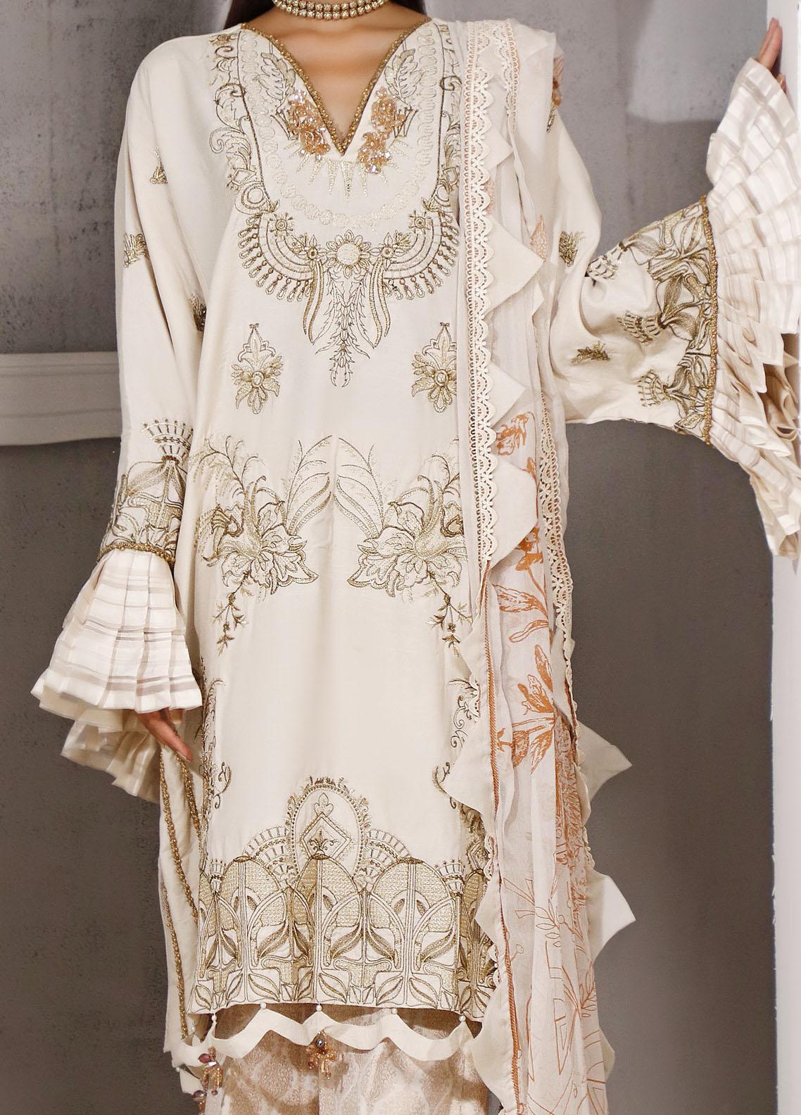 Embroidered Off-White Pakistani 3-Piece Suit with Ruffle Sleeves Ethnic Winter collection