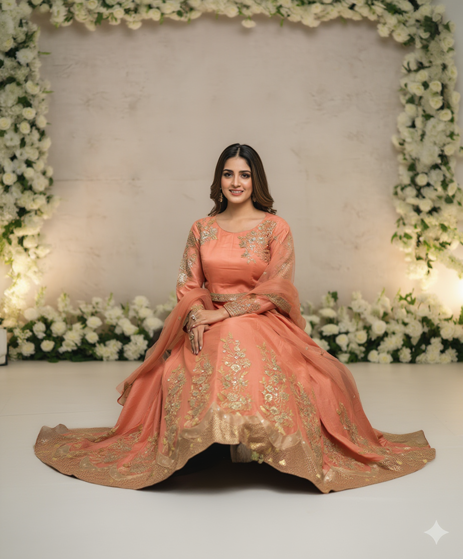 Buy embroidered organza maxi hand made work dress wide flare same dupatta affordable price