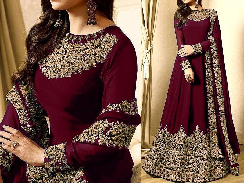 Replica Maroon Chiffon Anarkali Suit with Heavy Gold Embroidery - Unstitched 3-Piece Pakistani/Indian Party Wear Maxi Dress
