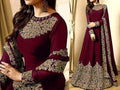 Replica Maroon Chiffon Anarkali Suit with Heavy Gold Embroidery - Unstitched 3-Piece Pakistani/Indian Party Wear Maxi Dress