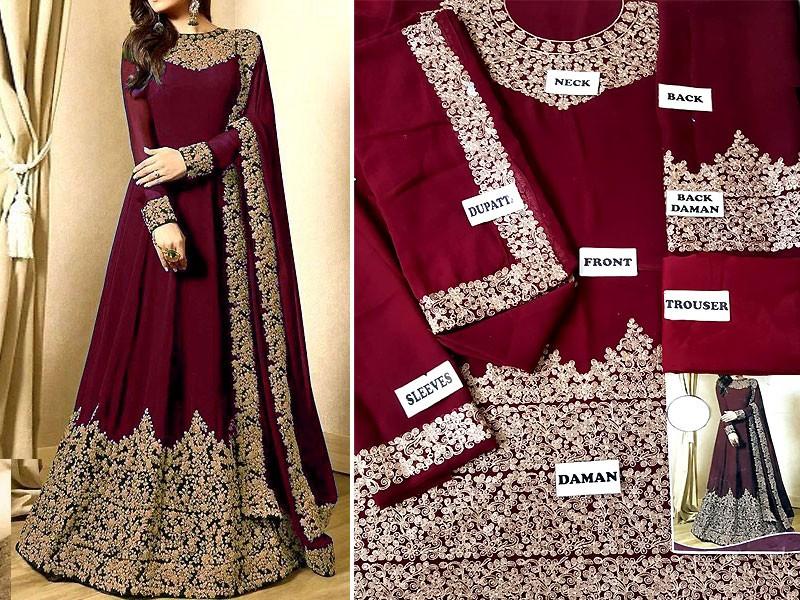 Replica Maroon Chiffon Anarkali Suit with Heavy Gold Embroidery - Unstitched 3-Piece Pakistani/Indian Party Wear Maxi Dress