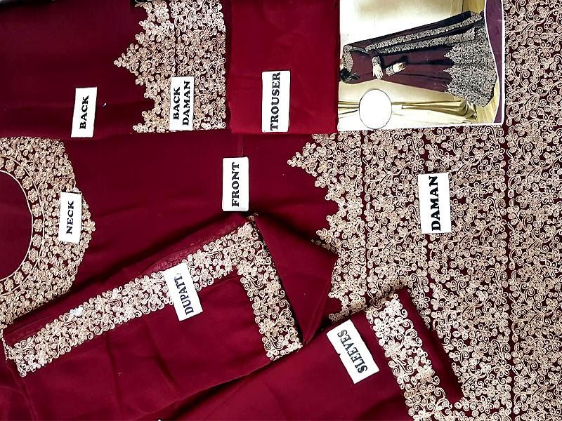 Replica Maroon Chiffon Anarkali Suit with Heavy Gold Embroidery - Unstitched 3-Piece Pakistani/Indian Party Wear Maxi Dress